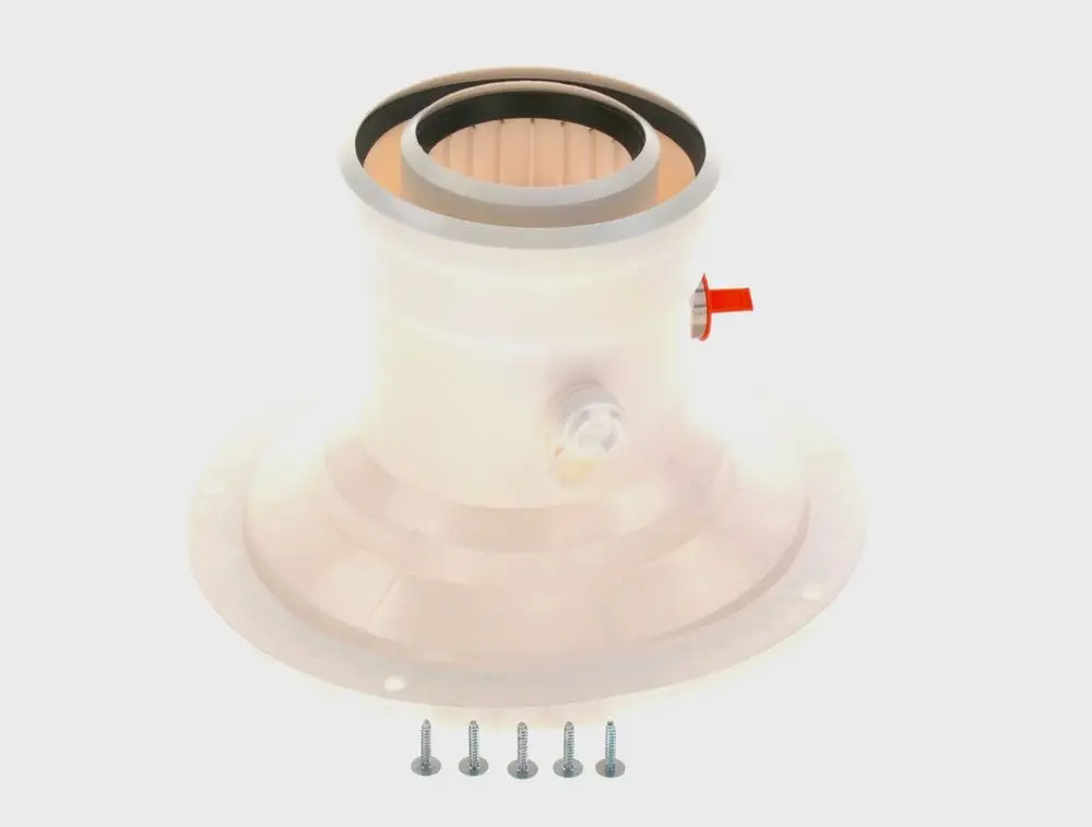 BOSCH Abgasstutzen in heller Farbe mit einem Anschluss, einem Ventil und vier Schrauben auf der Unterlage.